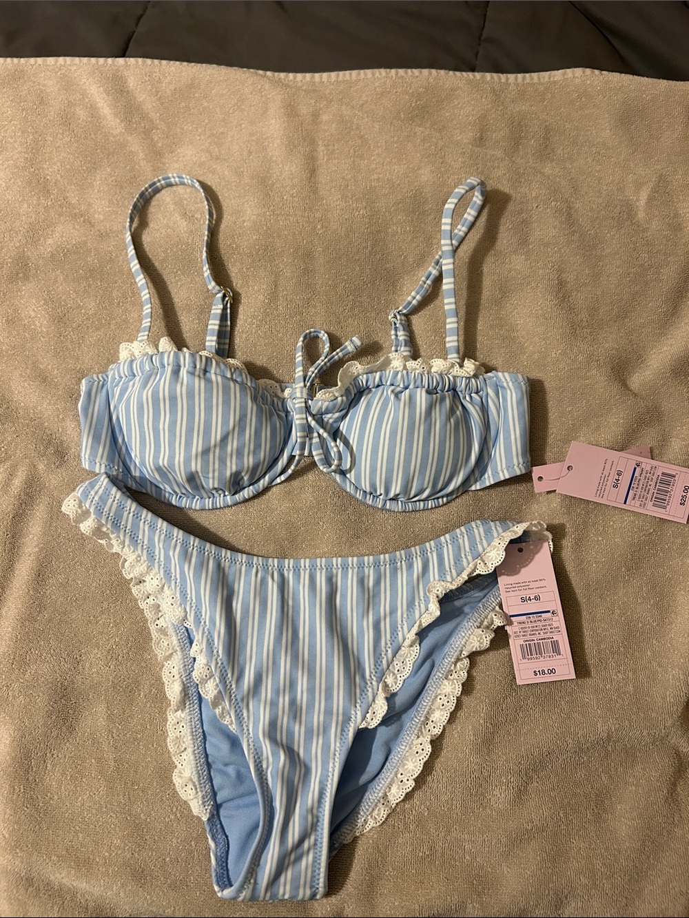 wild fable Light Blue & White Striped Lace-Trim Bikini Set